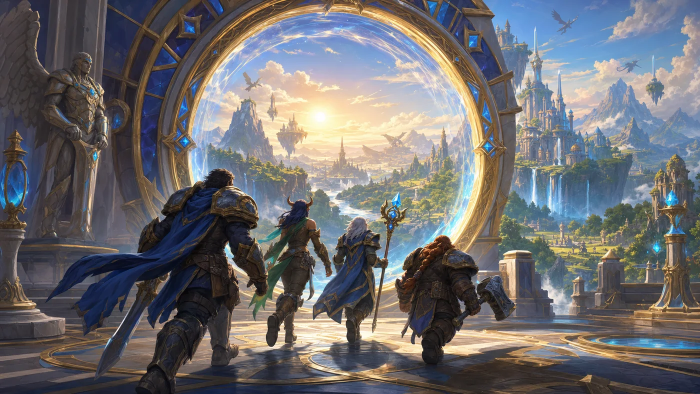 A party of adventurers entering a luminous celestial portal