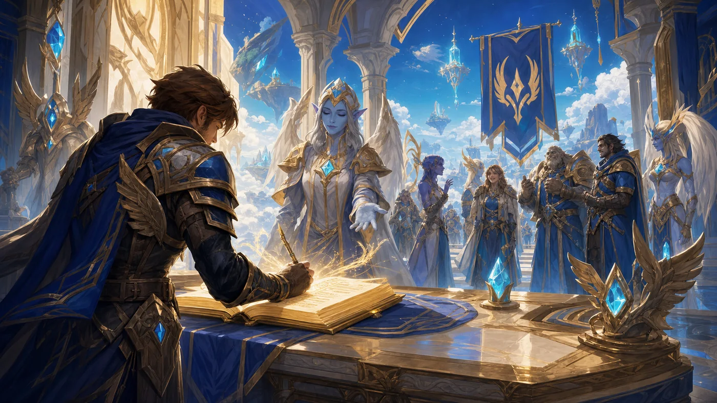 An adventurer registering in a celestial blue-and-gold hall